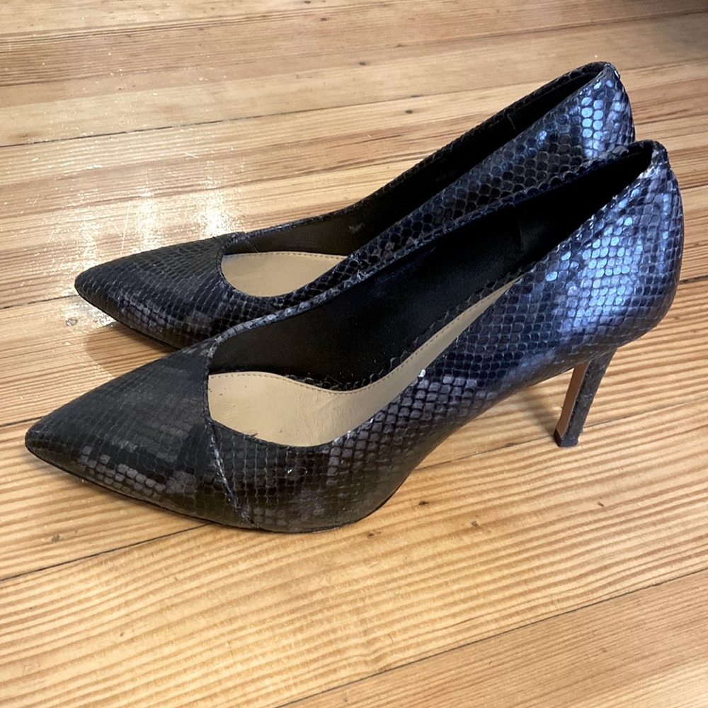 ANTONIO MELANI Black Snakeskin Pointed Toe Asymmetrical Stiletto Magness Heels